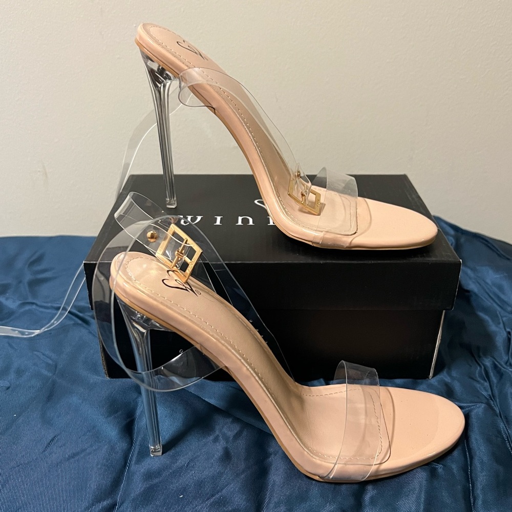 Clear and nude strappy heels